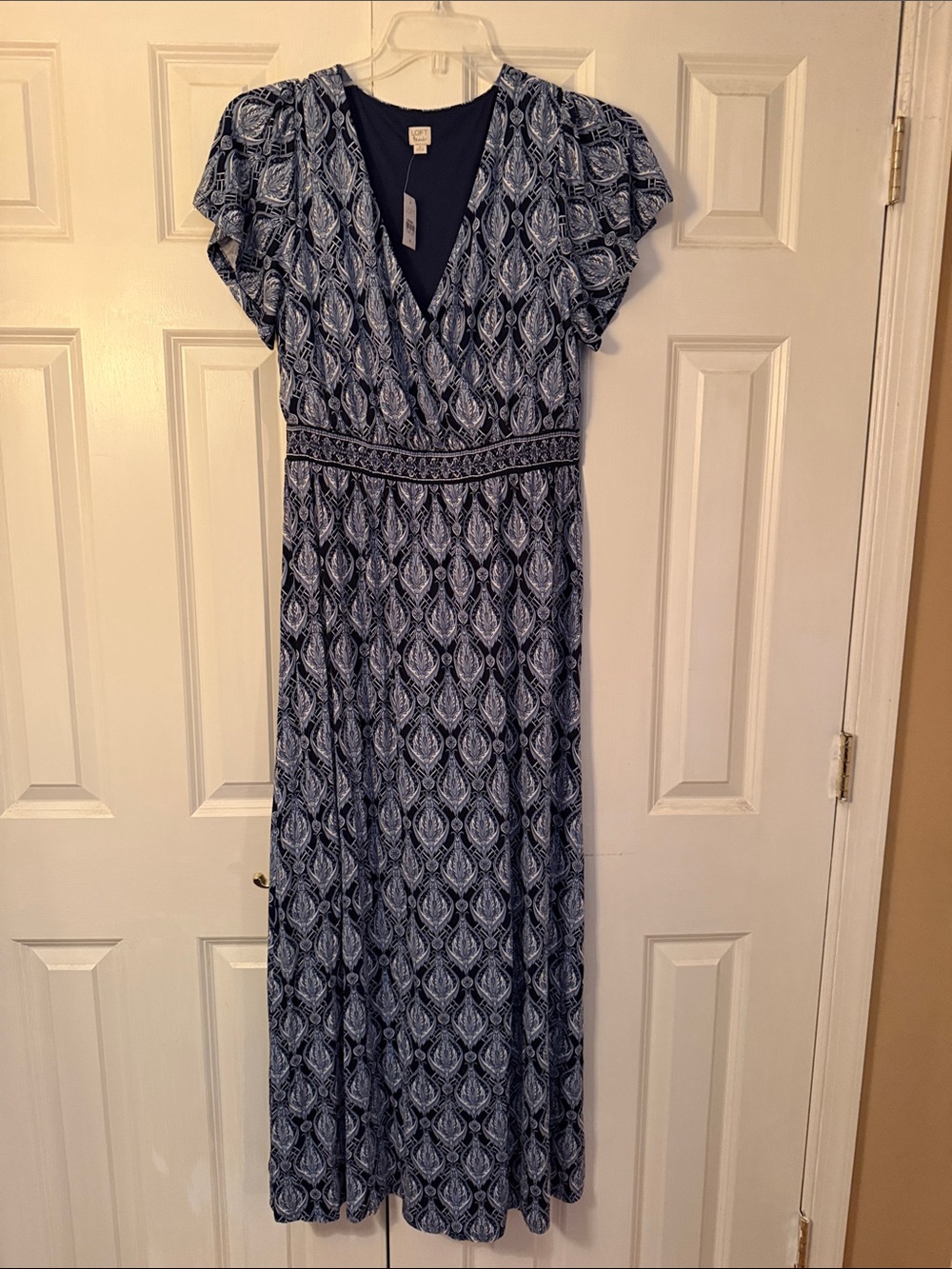Navy Patterned V-Neck Maxi Dress